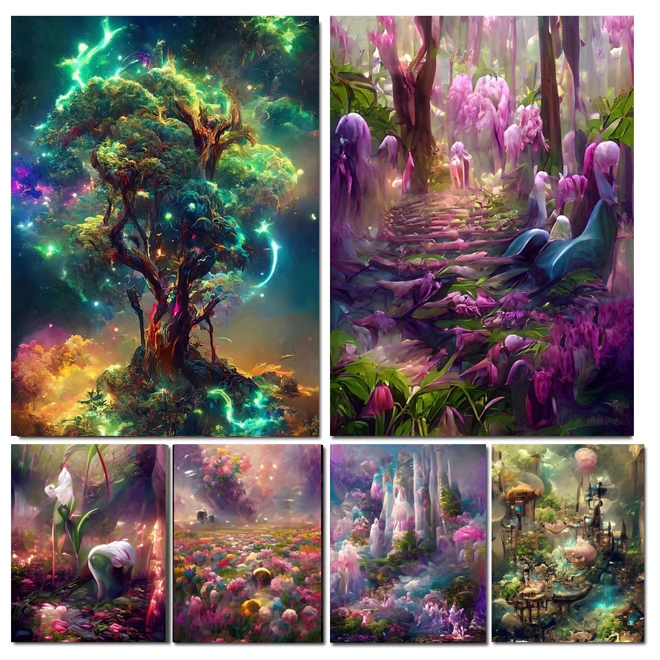 1000 Stuk Puzzel Boom Van Leven Sprookje Dorp Landschap Art Roze Bloem Kasteel Kinderen Brainstormen Puzzel Game