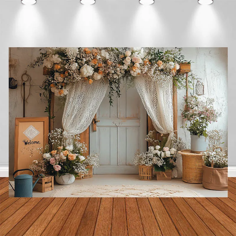 

LS Photography Background Bohemian Floral White Wooden Door Curtains Adult Portrait Photo Backdrop Studio