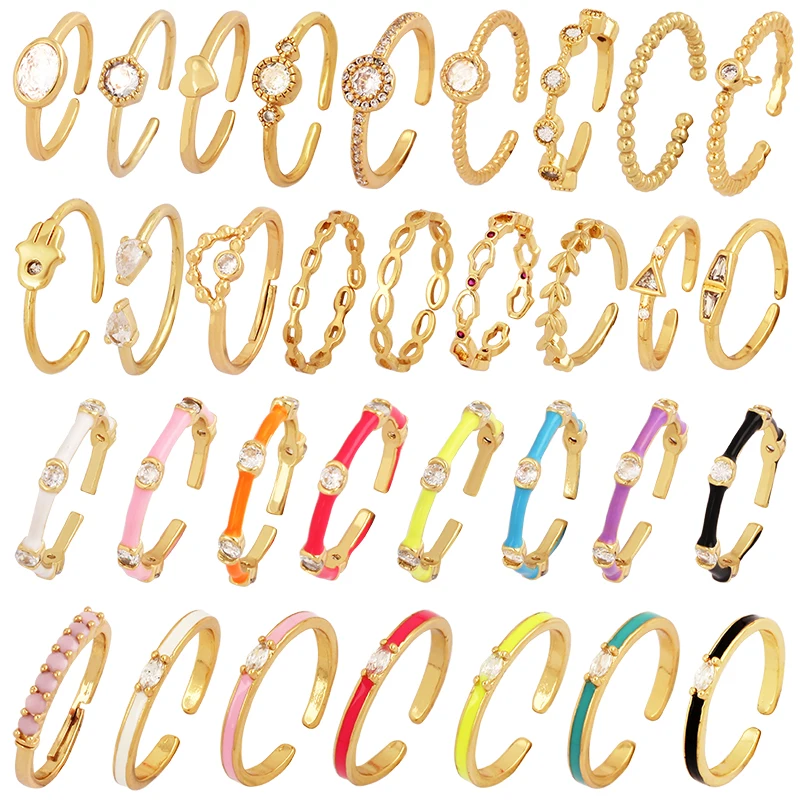 Unique Style Fashion Colorful Geometry Finger Ring,18K Gold Plated Zircon Open Adjustable Rings Jewelry Findings Supplies L08