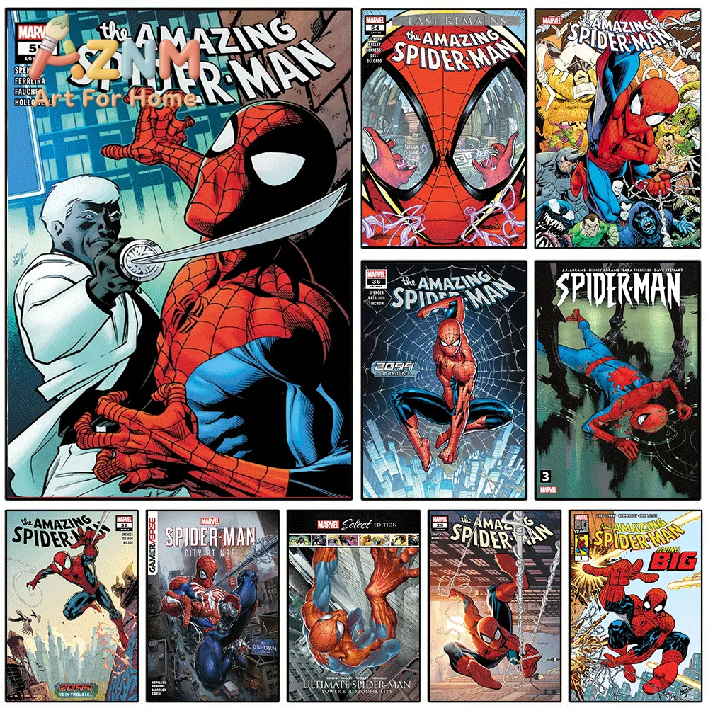 Marvel The Amazing Spider‑Man Comic Canvas Print, Superhero Comic Cover Graphic Art Poster, Frameless Canvas Wall Picture for