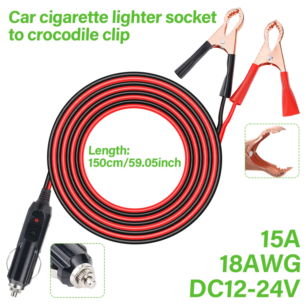 18AWG 24V 12V Car Cigarette Lighter Socket Alligator Clip Battery Extension Cable 1.5m With 15A Fuse Male Adapter Power Cord