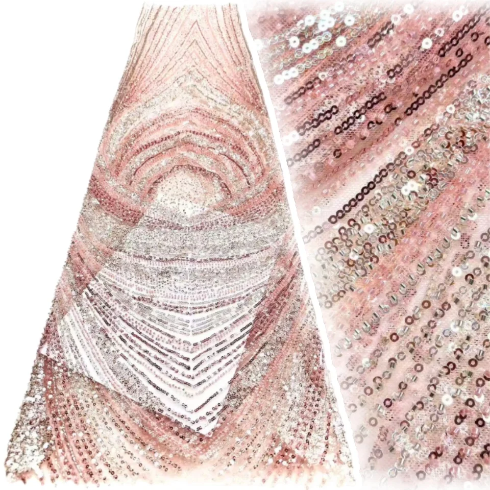 

Розовая роскошная африканская ткань с бисером и кружевом, новейшая французская ткань с пайетками для женских вечерних платьев и шитья нарядов 2026 года, 2559