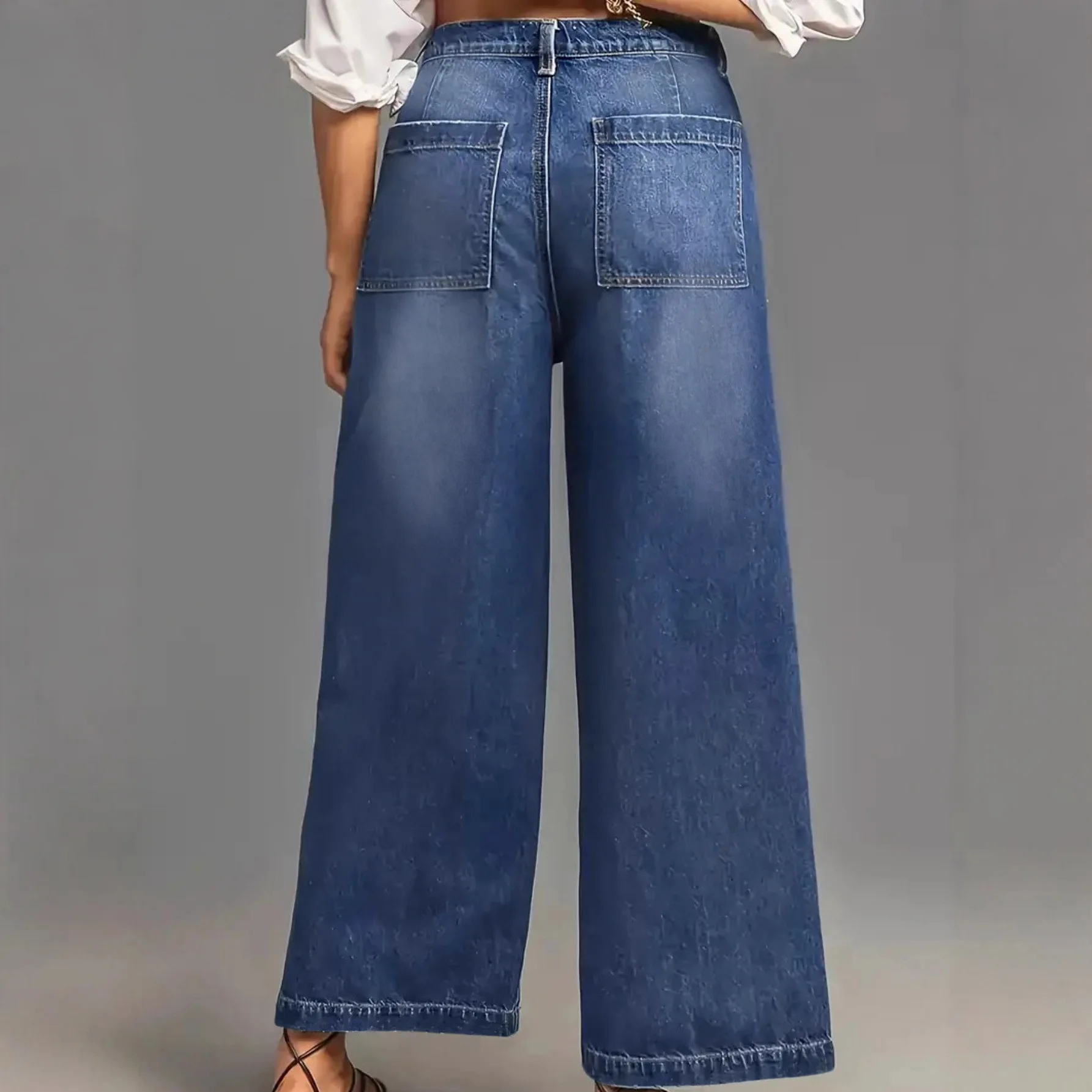 European and American Mid-rise Wide-leg Jeans, Washed Pants, Polished Diagonal Nine-point Pants