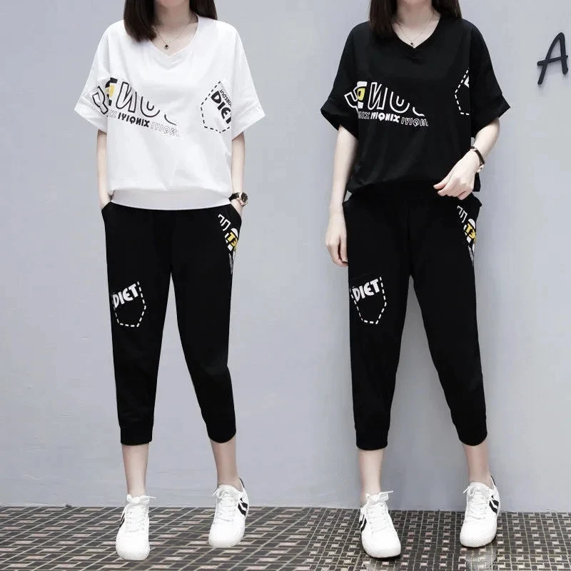 Large size Loose Summer Sports Two Piece Sets Women Short Sleeve T-shirt & Pants Student Sportswear Suit Woman Casual Tracksuits