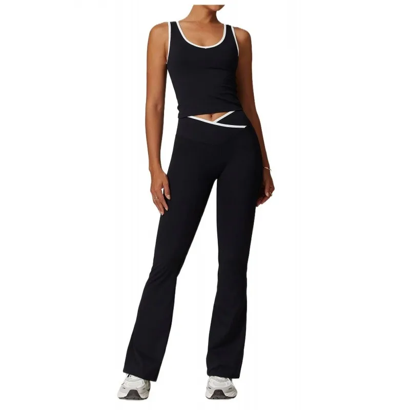 Black 2 Piece Yoga Set Women Cross Waist Flared Leggings Backless Sports Top Tummy Control Running Gym Suit Activewear Summer