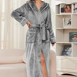 Lady Sexy Hooded Bathrobe Gown Women's Warm Flannel Kimono Nightgown with Pocket Autumn Winter Shower Robes Soft Loungewear