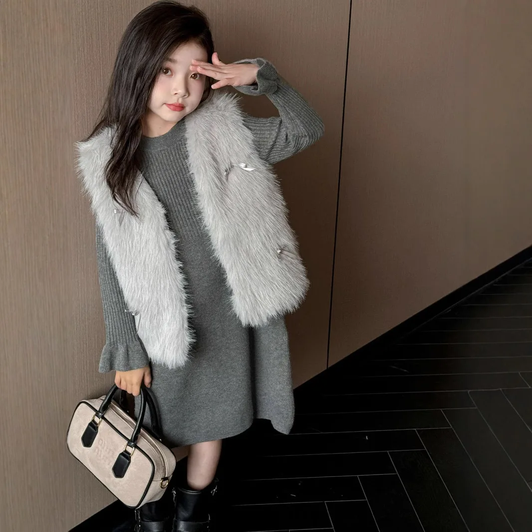 Girls Vest Jacket 2025 Autumn and Winter New Imitation Fur Coat Baby Medium Long Sweater Dress Winter Children Clothing Trendy