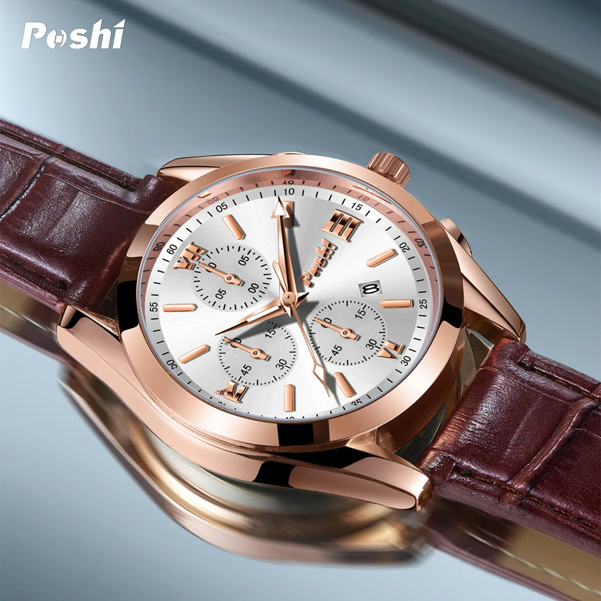 POSHI Original Men Quartz Watch Life Waterproof Luxury Leather Strap Quartz Movement with Date Mens Clock