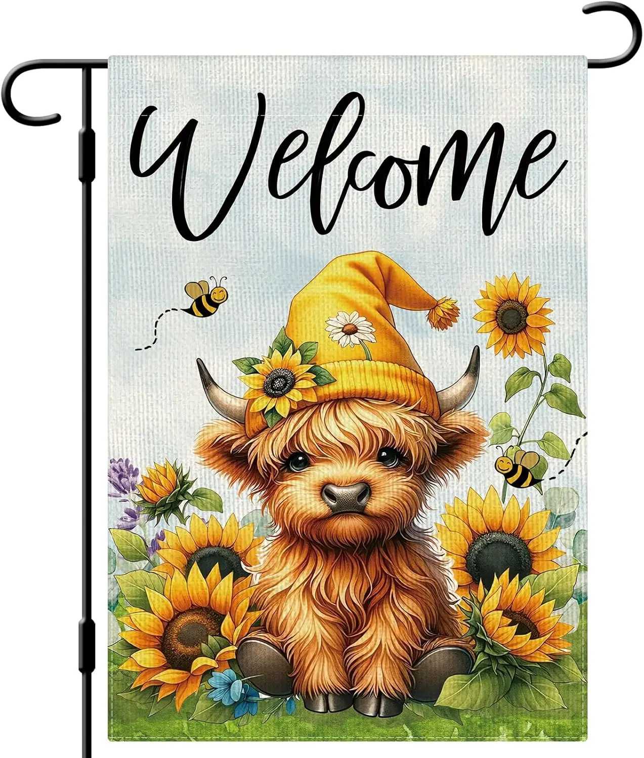 DLZDN Highland Cow Garden Flag 12×18 Inch Sunflower Bee Double Side Vertical Burlap Farmhouse Yard Sign Spring Summer Season AAS