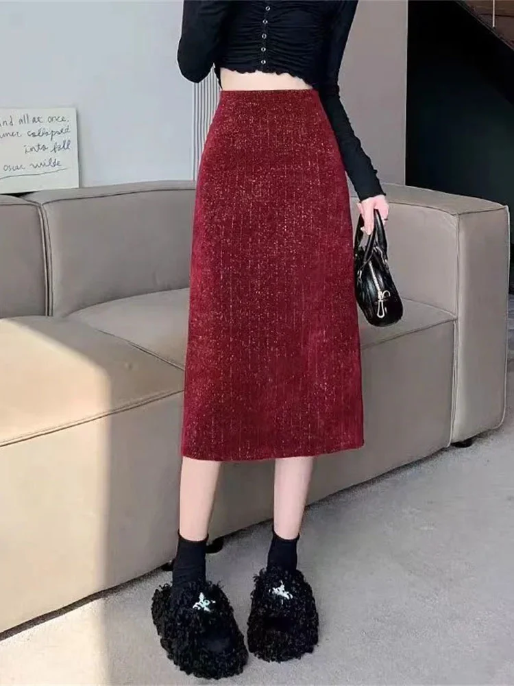 

Elegant Women Sequined Shining Pencil Skirts Belted Autumn Winter Office Lady Casual A-Line High Waist Midi Skirt Red Christmas