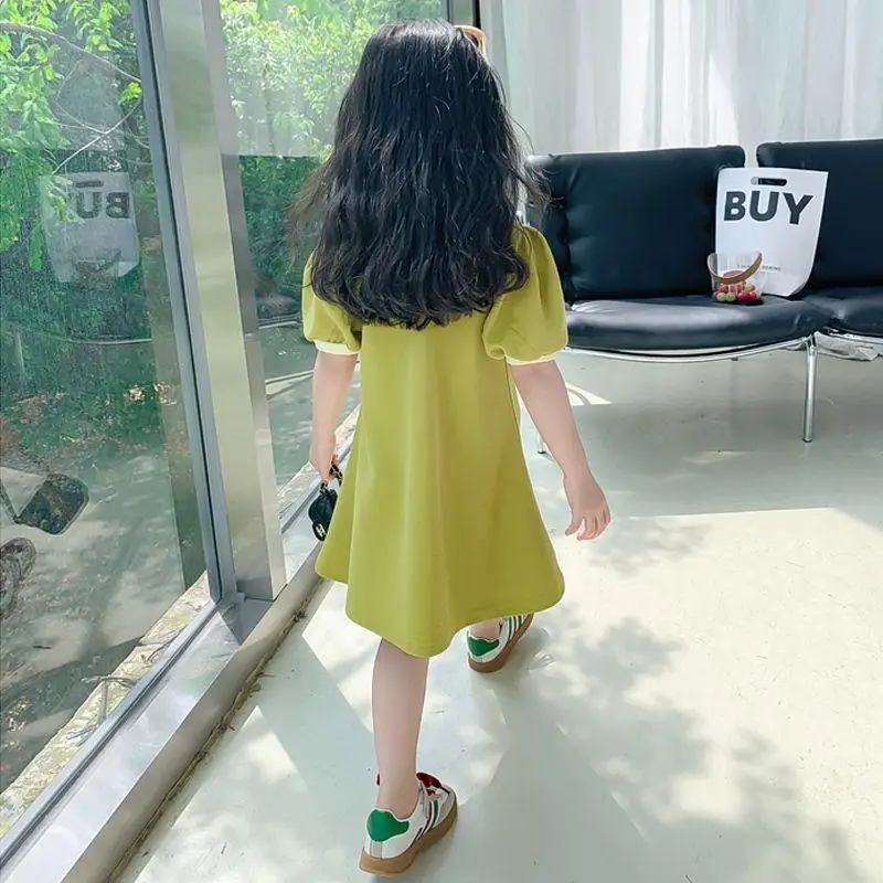 2024 New Children's Summer Dress Girl's Korean Edition love Bubble Sleeves Flip Collar Dress 1-12 Year Old Princess Dress image 5