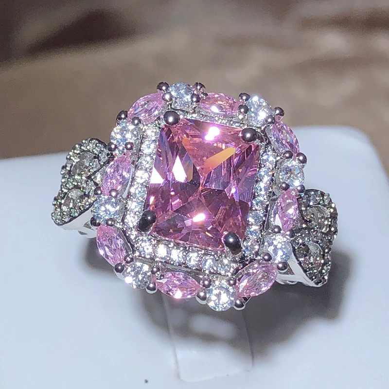 Sparkling Pink Zircon Collection Square Ring Female 925 Stamp New Fashion Jewelry Party Birthday Gift Wholesale