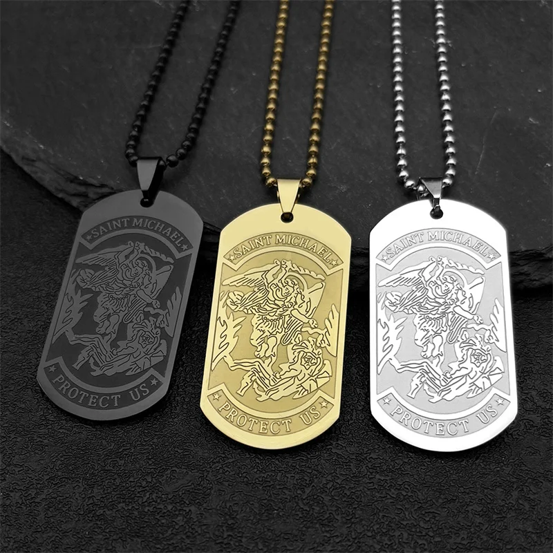 SAINT MICHAEL PROTECT US Archangel Stainless Steel Dog Tag Car Pendant  for Women Men Gold Color Bead Chain Jewelry Ornaments view 3