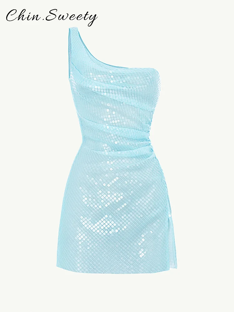 เซ็กซี่Sequinedสั้นชุดผู้หญิงเอียงคอแขนกุดRuched Slim Dresses 2025 ฤดูร้อนเลดี้แฟชั่นBeach Robes
