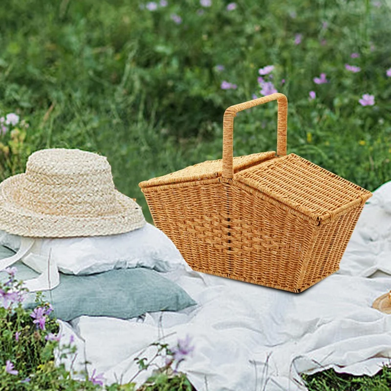 Abae-cesta de mão estilo pastoral com tampa imitação de rattan tecido cesta de piquenique lanches de frutas cesta de armazenamento de artigos diversos