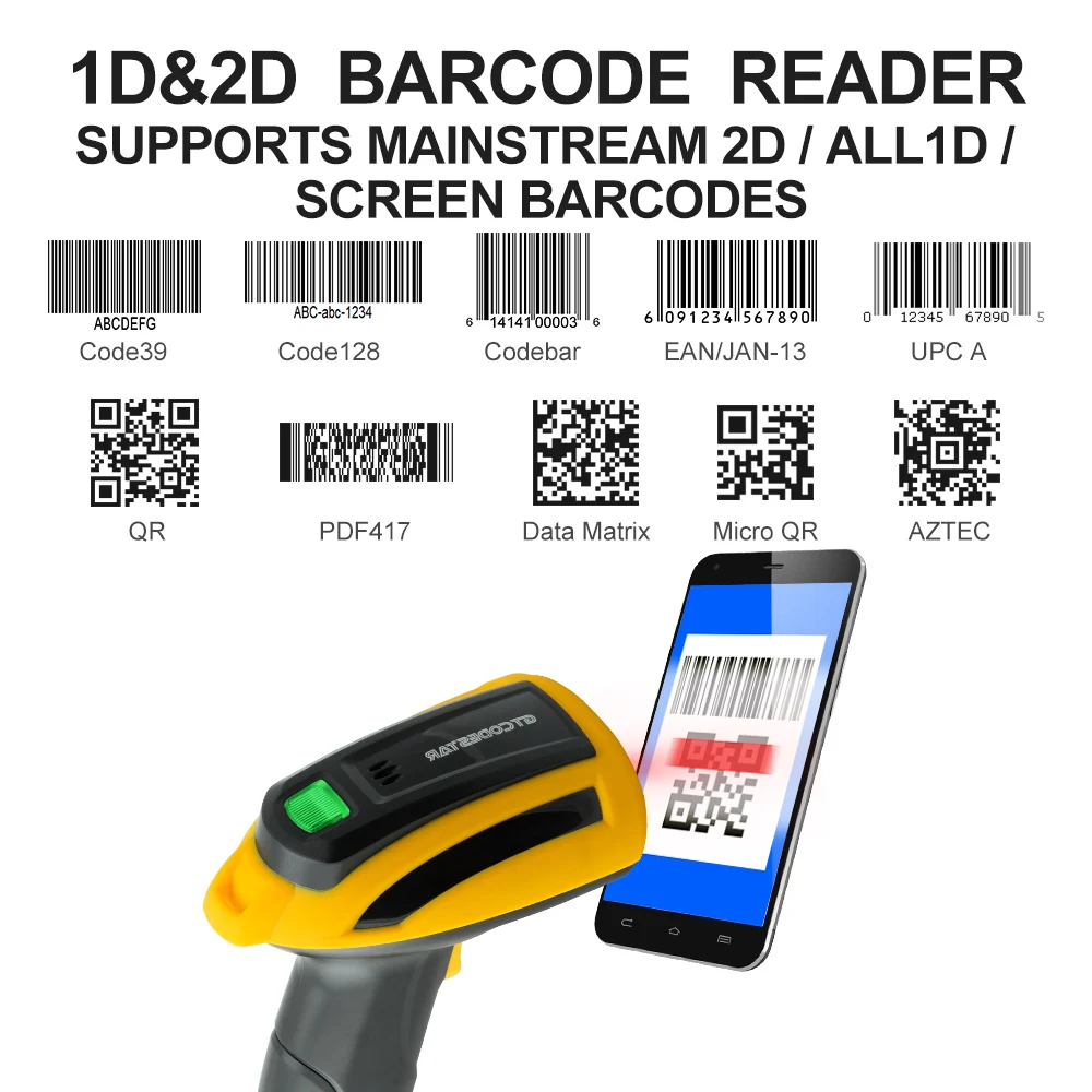 GTCODESTAR Handheld 2D Barcode Scanner Wired Barcode Reader 1D USB Scanner QR Code Scanning Gun for Supermarket Barcode Scanning