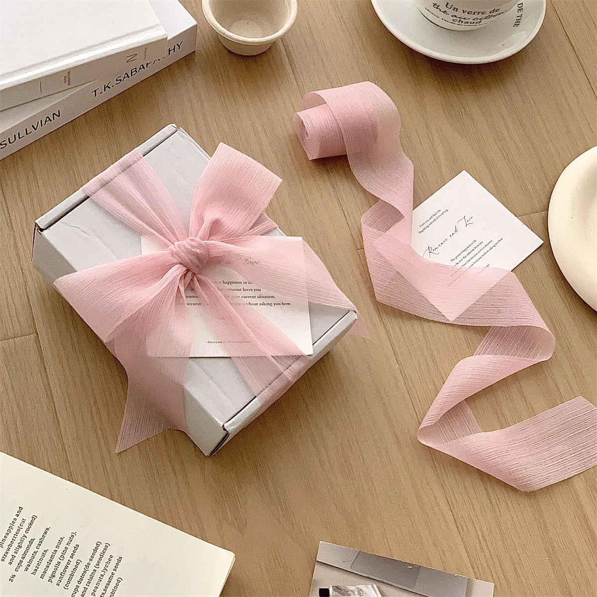 Silver shimmer gauze ribbon satin chiffon ribbon wedding decoration scene accessories ribbon DIY gift box bouquet packaging