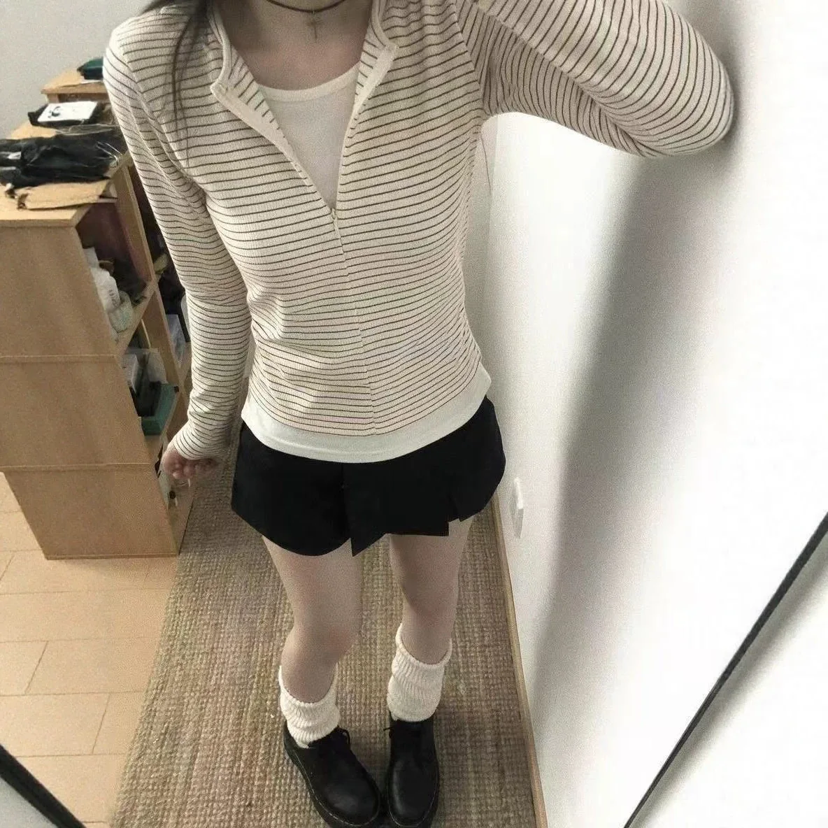 Korean Fashion Striped Winter T-shrits Casual Kpop Long Sleeve Tops Zip Up Slim Tees Vintage OL Cheap Clothes Woman Tshirts