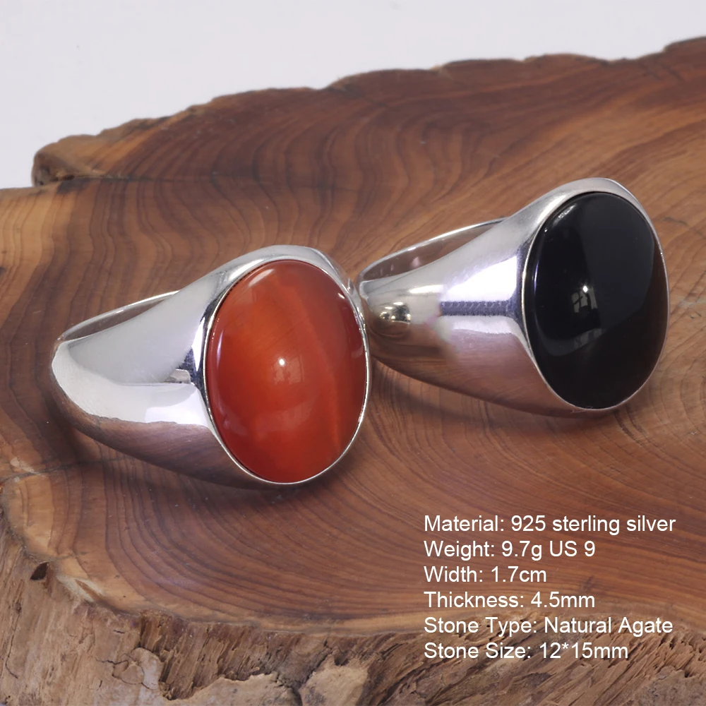 S925 Sterling Silver Natural Stone Rings for Men Red Black Color Agate Turkish Handmade Jewelry Luxury Ring Smooth Simple Design