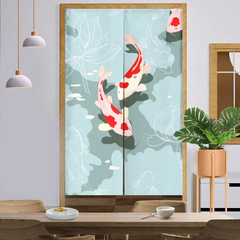 Koi Fish Waves Pattern Japanese Noren Curtains Dining Room Partition Curtain Kitchen Entrance Curtains Linen Split Door Curtain