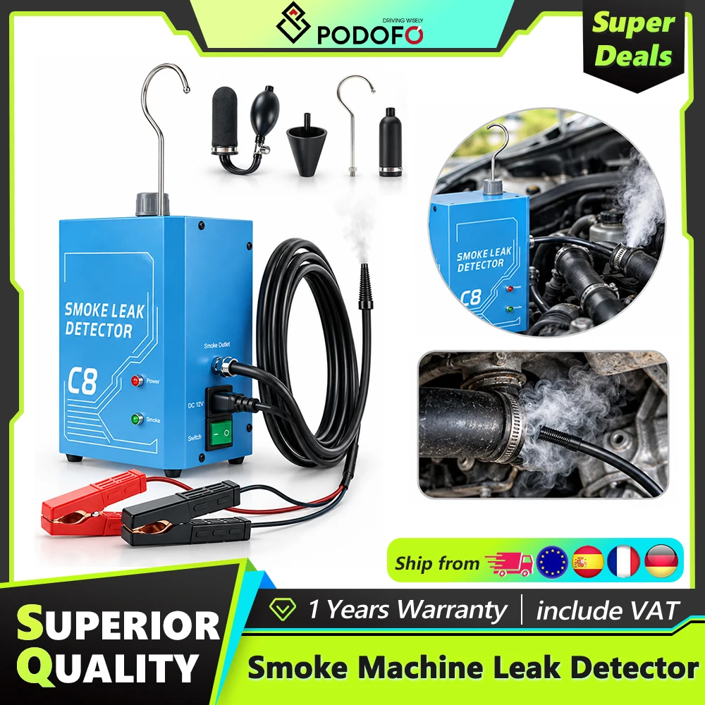 Podofo, macchina per la produzione di fumo da 12 V per autoveicoli, rilevatore di perdite con pompa d'aria integrata, modello C8, macchina per la produzione di nebbia per rilevare perdite nei sistemi