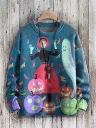 Halloween Witch And Ghost Retro Art Pattern 3D Printed Men's Knitted Pullover Winter Unisex Casual Knit Pullover Sweater ZZM127