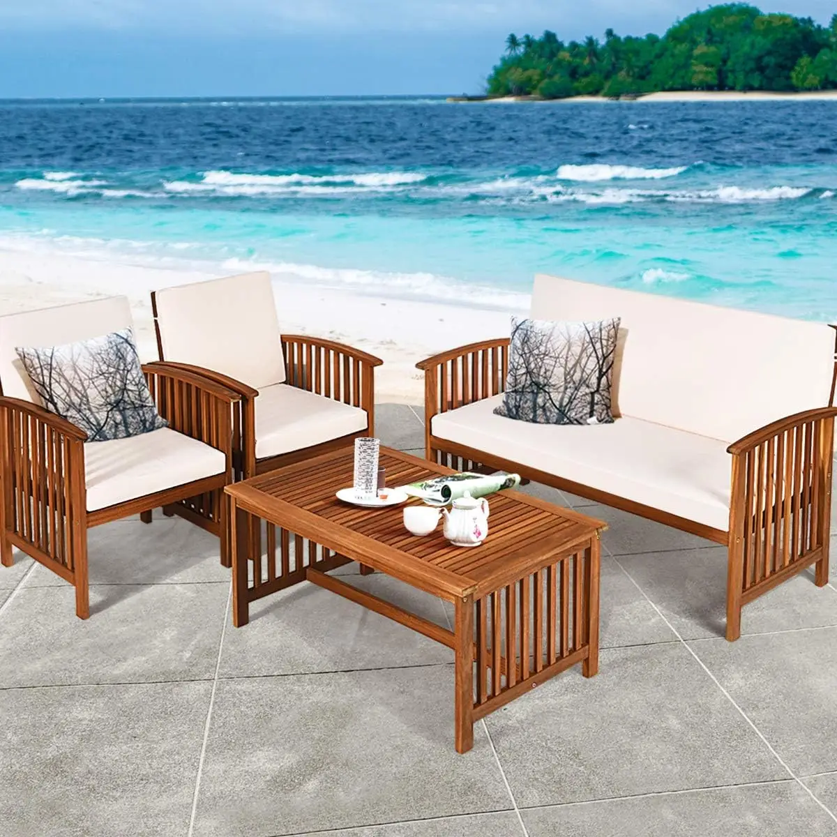 Outdoor 4 Pcs Acacia Wood Sofa Set Water Resistant Cushions Padded Patio Seating Chat Set Coffee Table for Garden White