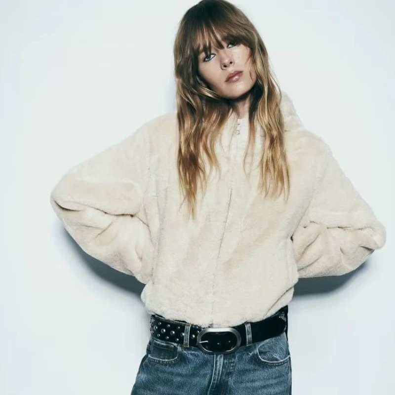 Warmer, mit Fce gefütterter Kunstfell-Jet-Mantel für Damen mit Kapuze, Oberbekleidung, 2023, Herbst, neue Sle, lässige, lockere Passform, normale Länge