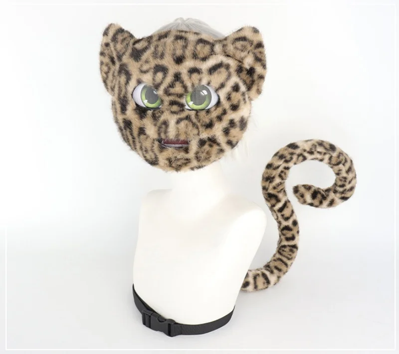 毛皮の猫マスクと尻尾セット かわいい動物コスプレコスチュームアクセサリー フェイクファー猫ヒョウ尻尾 ハロウィンパーティー アニメアクセサリー