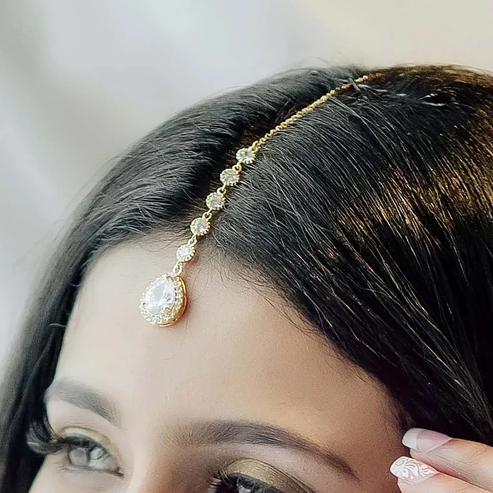 Cubic Zirconia Teardrop Maang Tikka Forehead Chain Indian Crystal Hair Clip for WomenWedding Bridal BollywoodParty Hair Jewelry