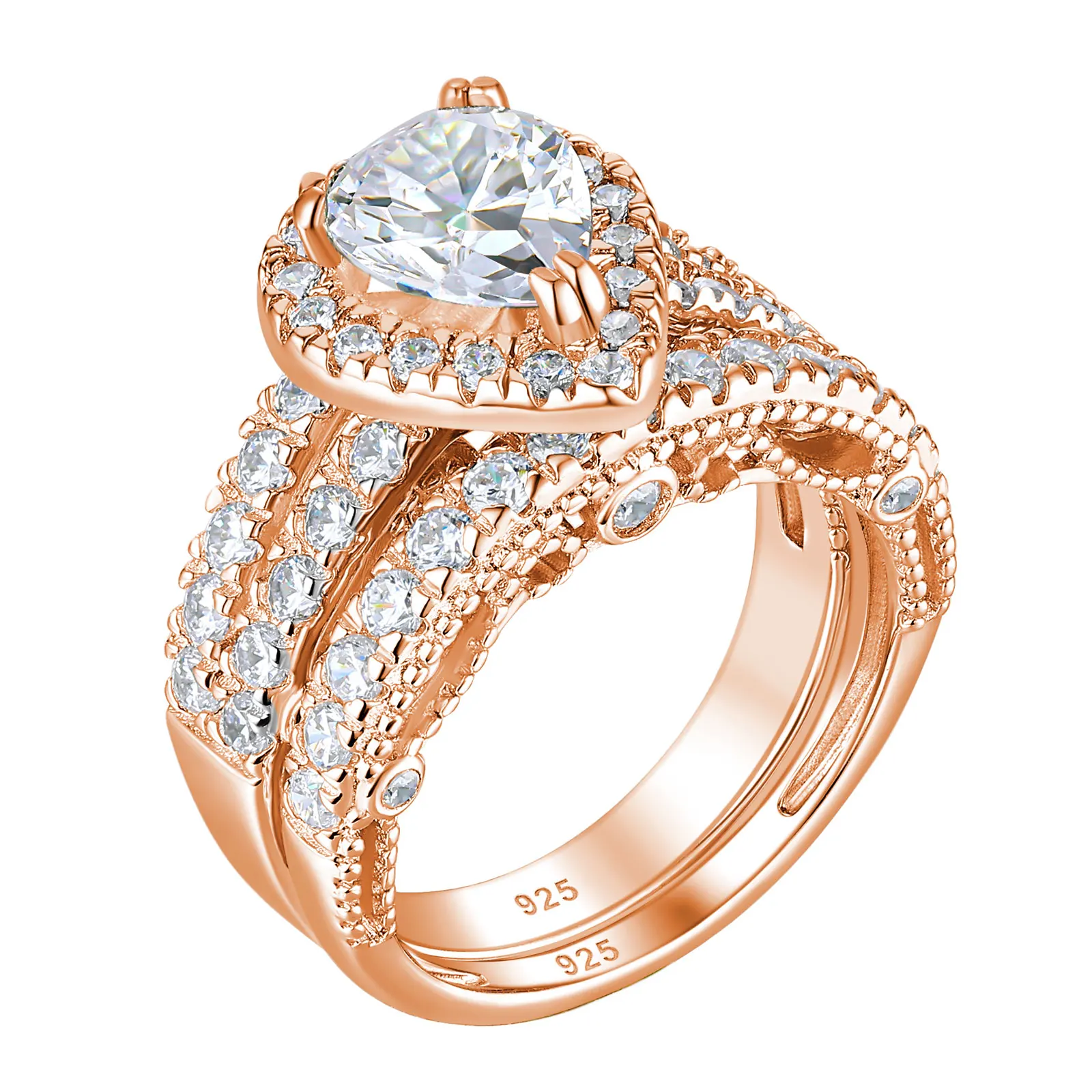 Newshe 925 Sterling Silver Wedding Engagement Rings Set for Women Pear Cut AAAAA CZ Imitation Diamond Vintage Bridal Jewelry