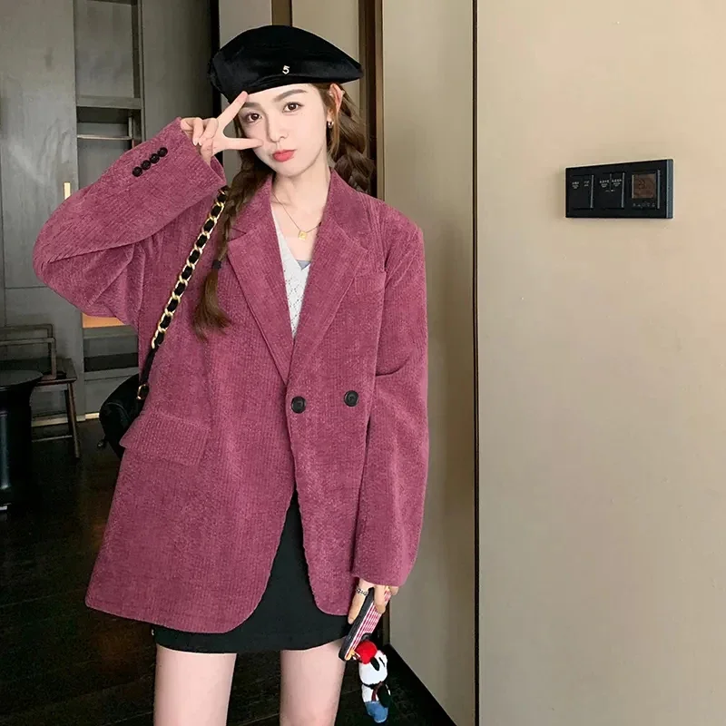 Women Y2K Corduroy Rose Pink Suit Jacket Korean Casual All Match Elegant Female Design Sense Niche Leisure Senior Suit Trend