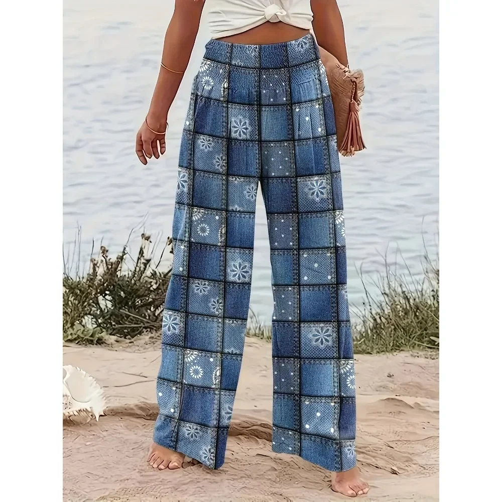 

Plus Size 1XL-5XL Summer Women Fashion Plaid Print Casual Trousers Casual Elegant Drawstring High Waisted Loose Long Trousers