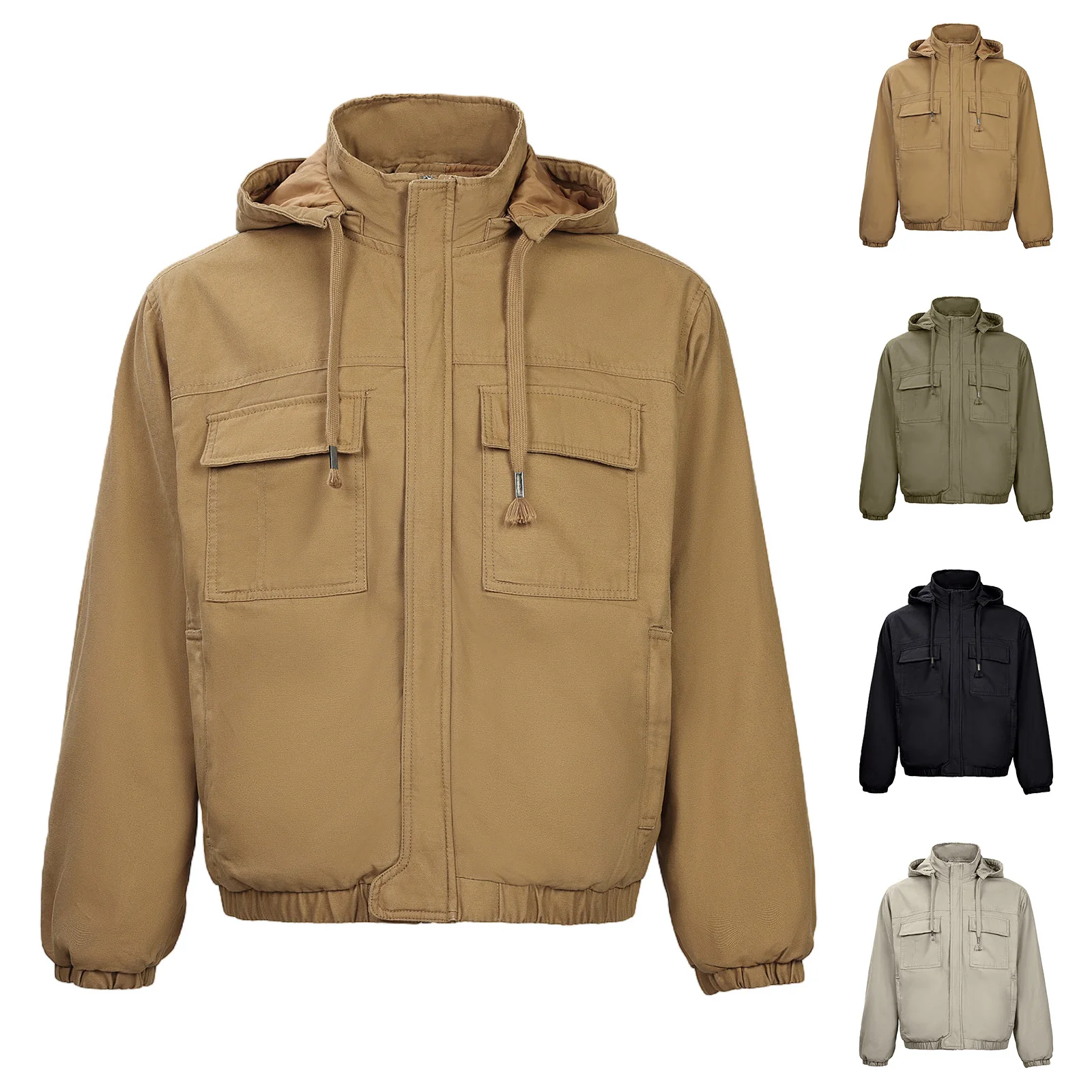 

2025 Men's Solid Color Zipper Pocket Sweatshirt Hoodie Detachable Hood Windproof Cotton Jacket Multi-Pocket Coat