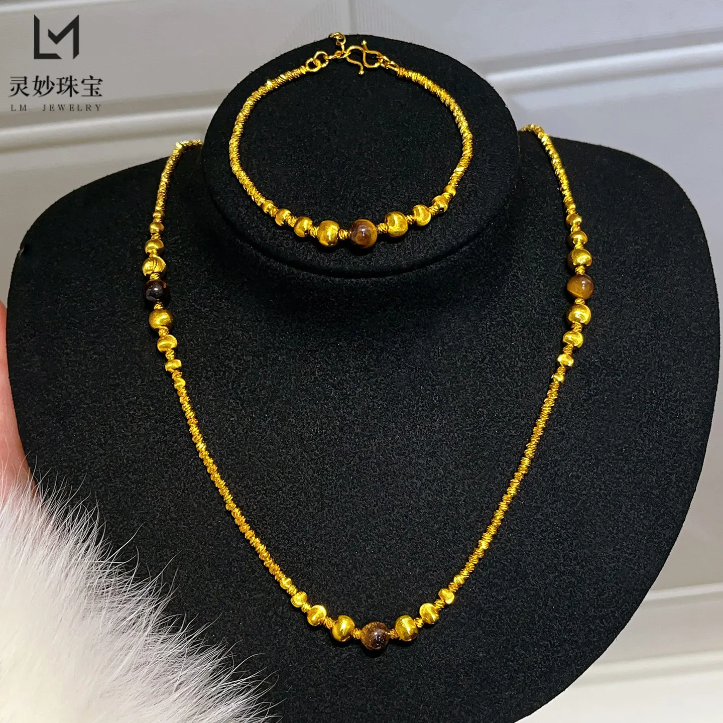 Zylax Jewelry Cat Eye Fortune Bead Necklace & Bracelet Women's 24K Gold AU999 -Light luxury cat eye style, low-key glittering, f