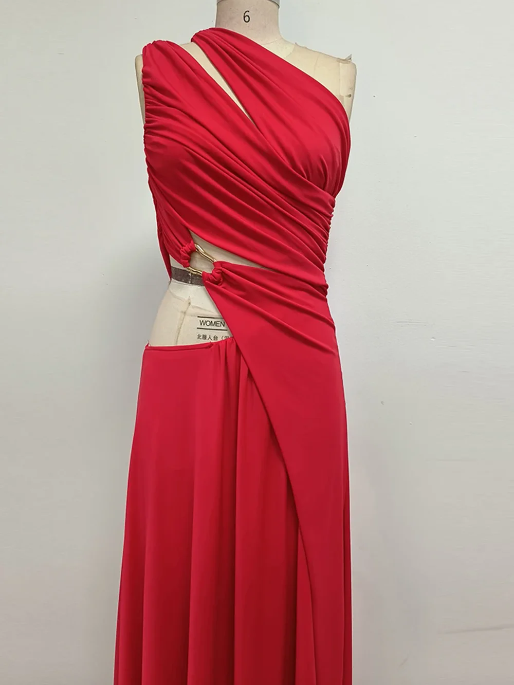 Modphy Robe de soirée longue rouge sexy à une épaule pour femme avec détail découpé pliable fente fluide élégante robe de soirée élégante