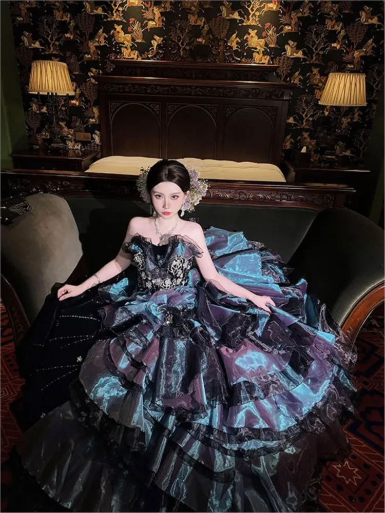 

Gothic strapless black and purple wide-hem dress