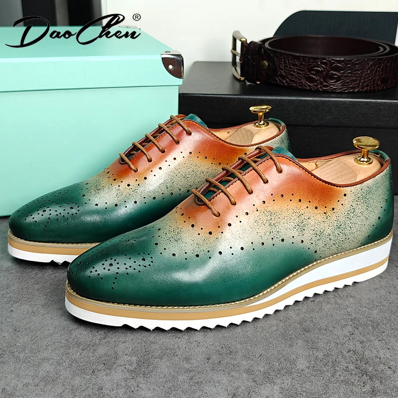 Luxury Brand Men Leather Shoes Green Blue Lace up Casual Dress Man Shoes Comfortable Sports Outdoor Daily shoes for men