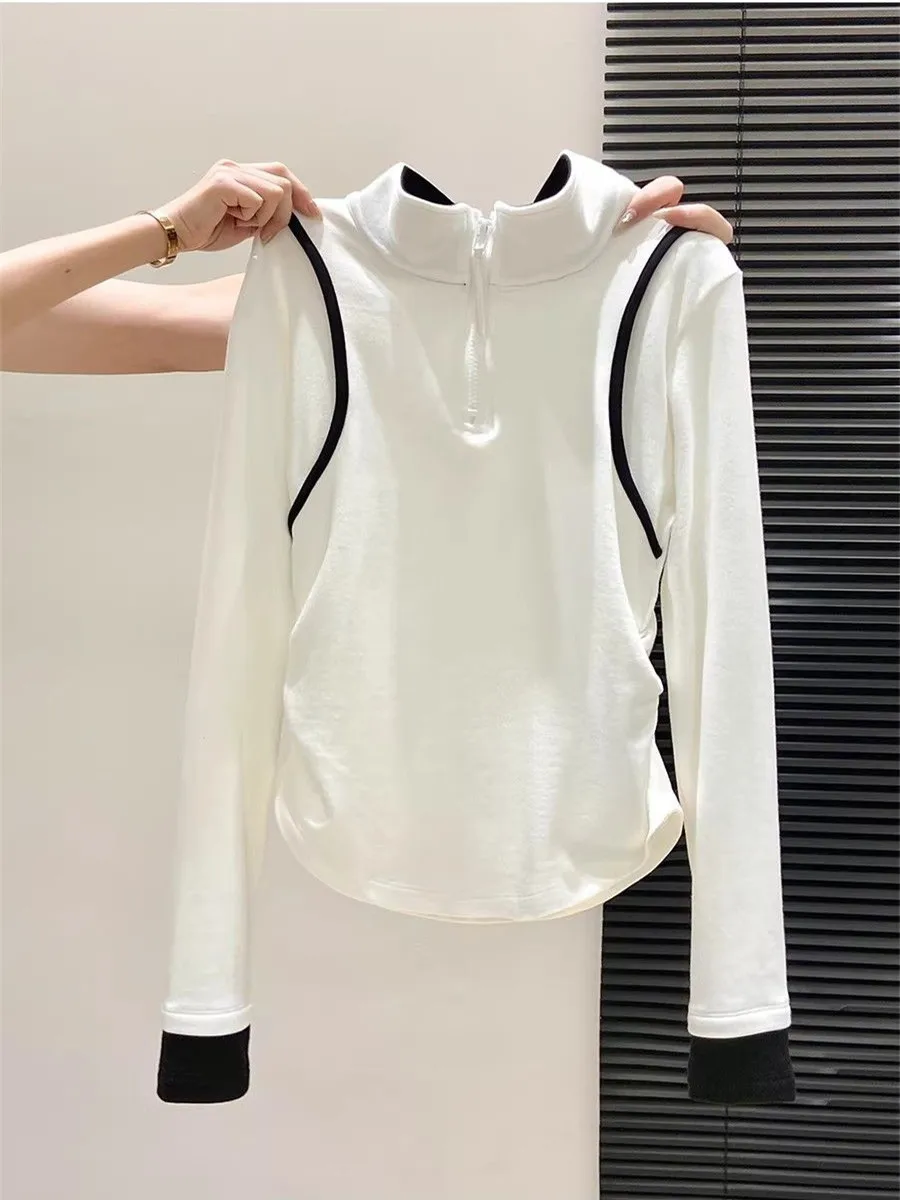 Elegant Korean Style Women's Long Sleeve T-Shirt Slim Fit Zipper Design Spring Fashion Top High Waist Yoga Stage Racing