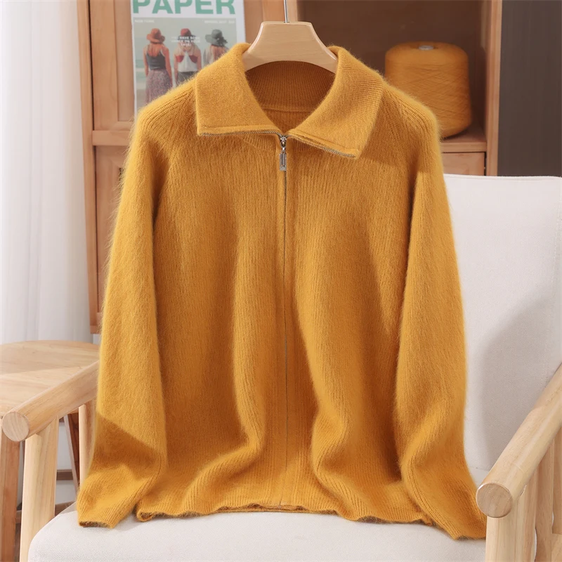 女性ミンクカシミヤセーターターンダウン襟ジッパーカーディガン秋冬ソフト暖かい服 100% ミンクカシミヤニットトップス