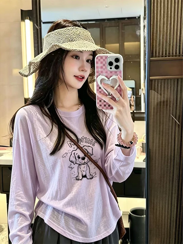 Loose Fit Long Sleeve Purple Snowflake Cotton Thin T-Shirt Women Early Spring Slimming Stylish Youthful Top Trendy Polyester ...