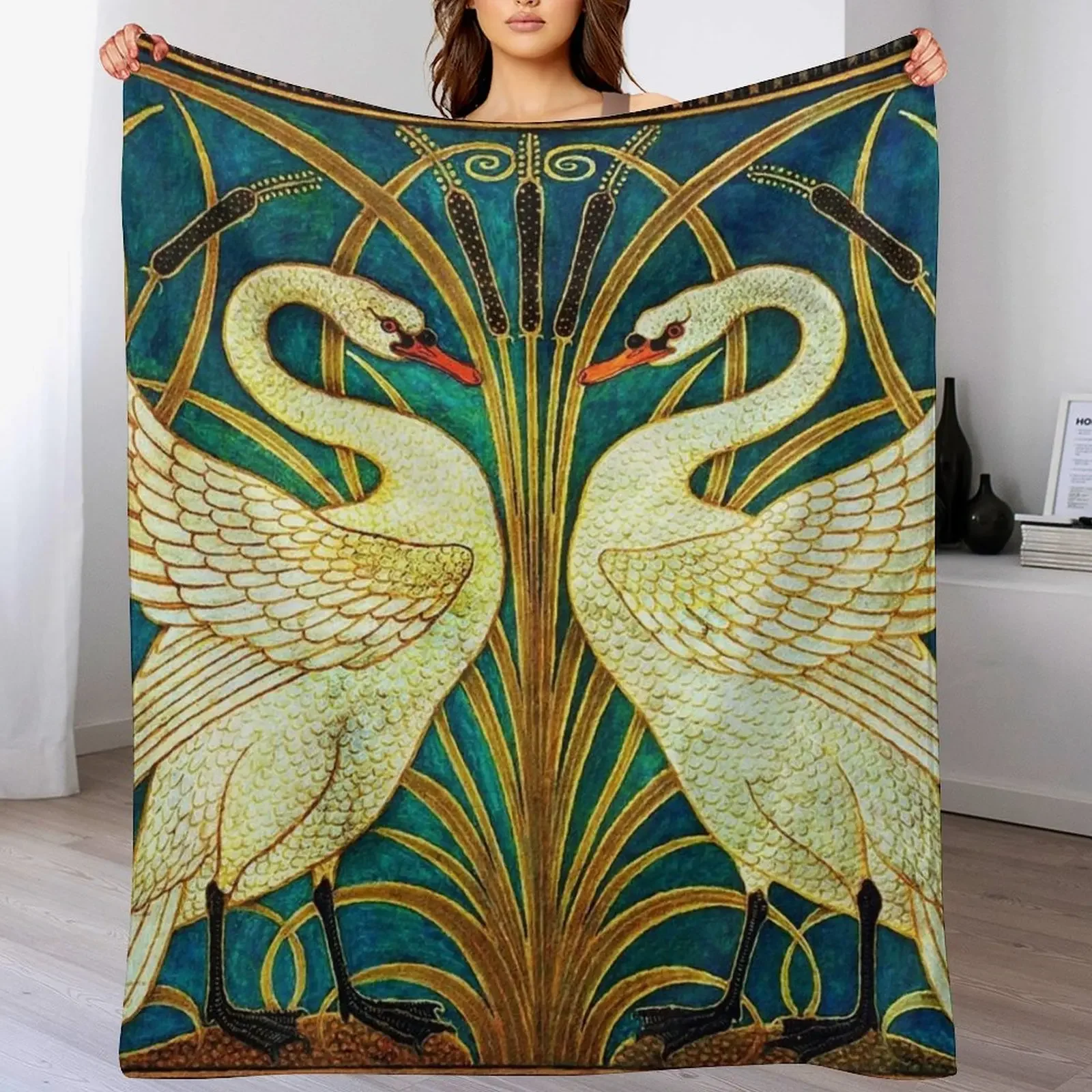 

TWO WHITE SWANS AMONG REEDS IN BLUE Art Nouveau Animals Throw Blanket Warm Comfortable Blanket Gift for Parents Friends