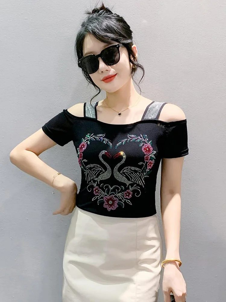 New 2024 Summer Short Sleeved Off The Shoulder Hot Diamond Women\'s T-Shirt Elegant Slim High Elasticity Mesh Tops Tees