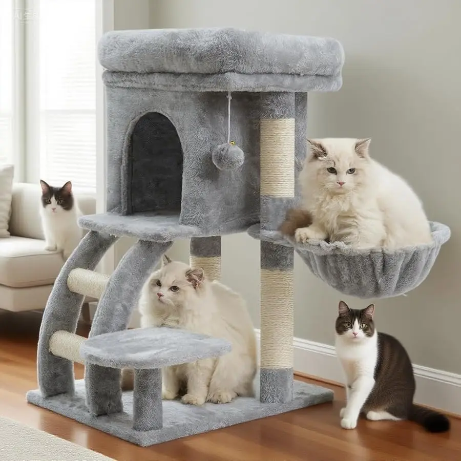 

Heybly Cat Tree Tower, Cat condo for Indoor Kittens, Cat House with Wide Plush Top Perch, Ladder, Basket, Sisal-Covered Scratchi