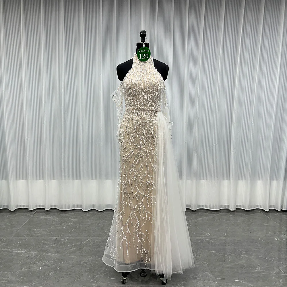 

YQLNNE 0120 White Nude Crystals Pearls Evening Dresses With Gloves Formal Women Wedding Party Gown