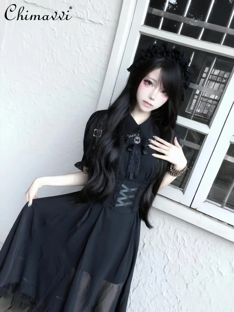 

Japanese Mine Mass-produced Short-sleeved Long Dress Dark Girl Subcultural Lace Splicing High Waist Black White Lolita Dresses
