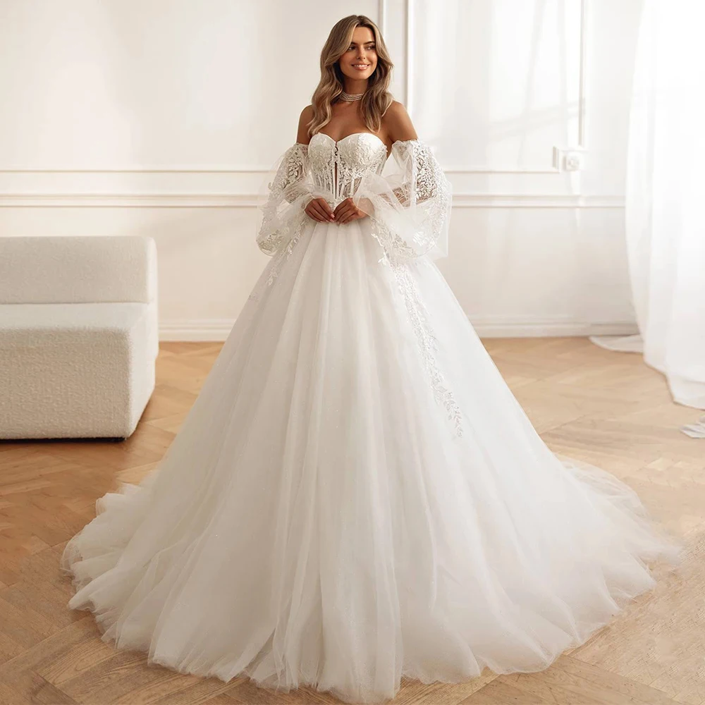 Charming Strapless Wedding Dresses Customized Full Sleeve Bride Gown Pleat Applique A-Line Court Train فستان حفلات