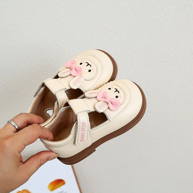 Girls Cute Bunny Mary Jane Flats T-Strap Velcro Pink Bow Soft Leather Non Slip Baby First Walkers Dress Shoes