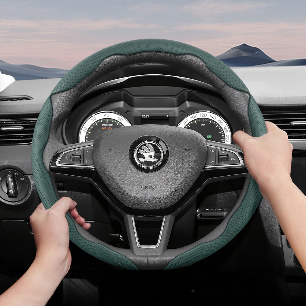 Adecuado para Skoda Funda de volante de cuero transpirable con diseño segmentado de liberación rápida, antideslizante y duradero, Octavia Rapid Kodiaq Karoq Fabia Superb Kamiq Citigo Scala Combi Kylaq Kushag Slavia Black