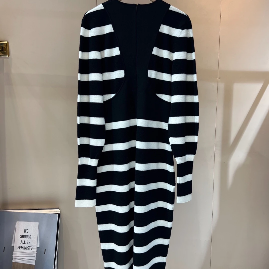 2024 Spring Black White Striped Pencil Wool Gold Buckle Stripes Office Lady Midi Dress